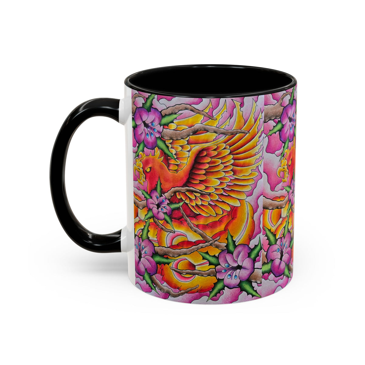 Phoenix Floral Coffee Mug — Colorful Tattoo-Style Ceramic Accent Mug