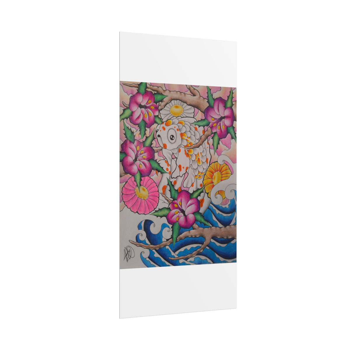 Koi & Cherry Blossom Art Poster — Japanese Tattoo Style Rolled Print