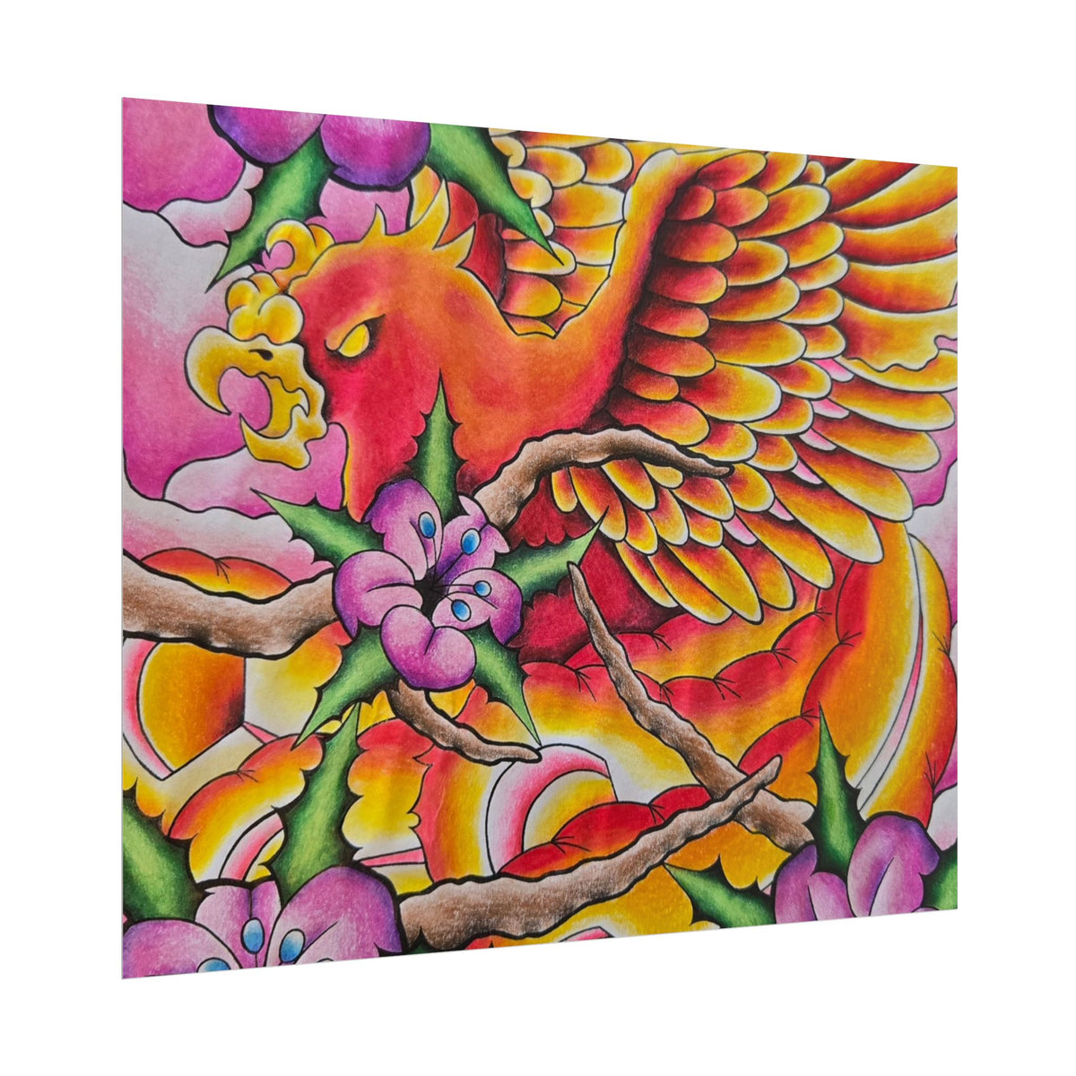 Phoenix Floral Art Poster — Vibrant Tattoo-Style Rolled Print