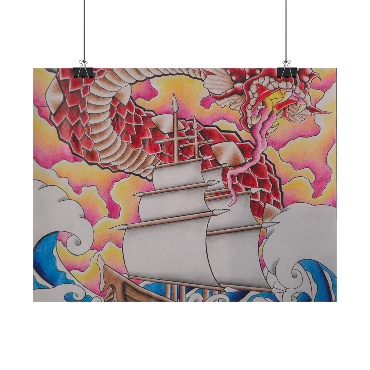 Sail and Dragon Art Poster — Nautical Tattoo-Style Rolled Print