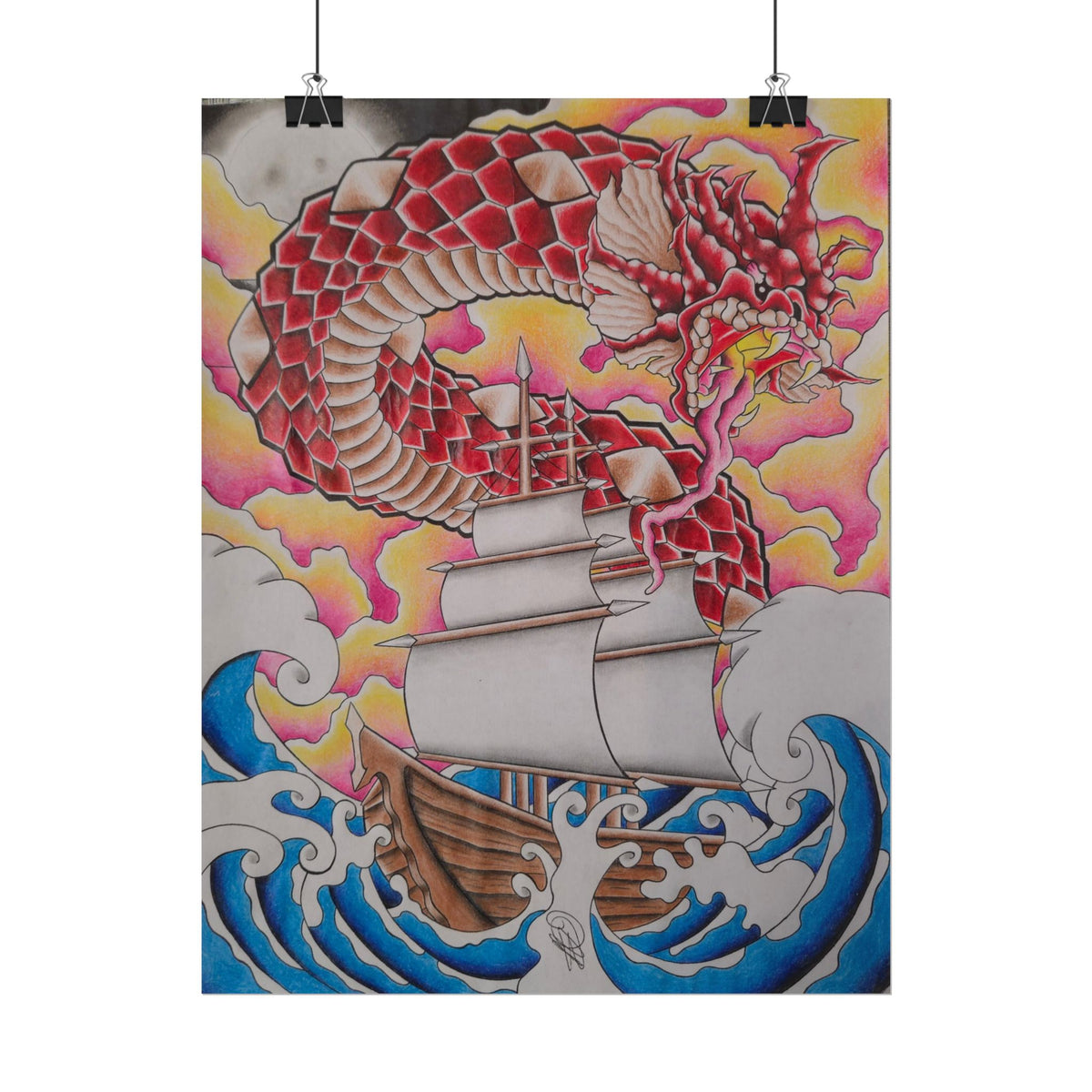 Sail and Dragon Art Poster — Nautical Tattoo-Style Rolled Print
