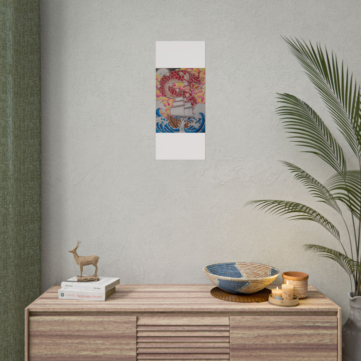 Sail and Dragon Art Poster — Nautical Tattoo-Style Rolled Print