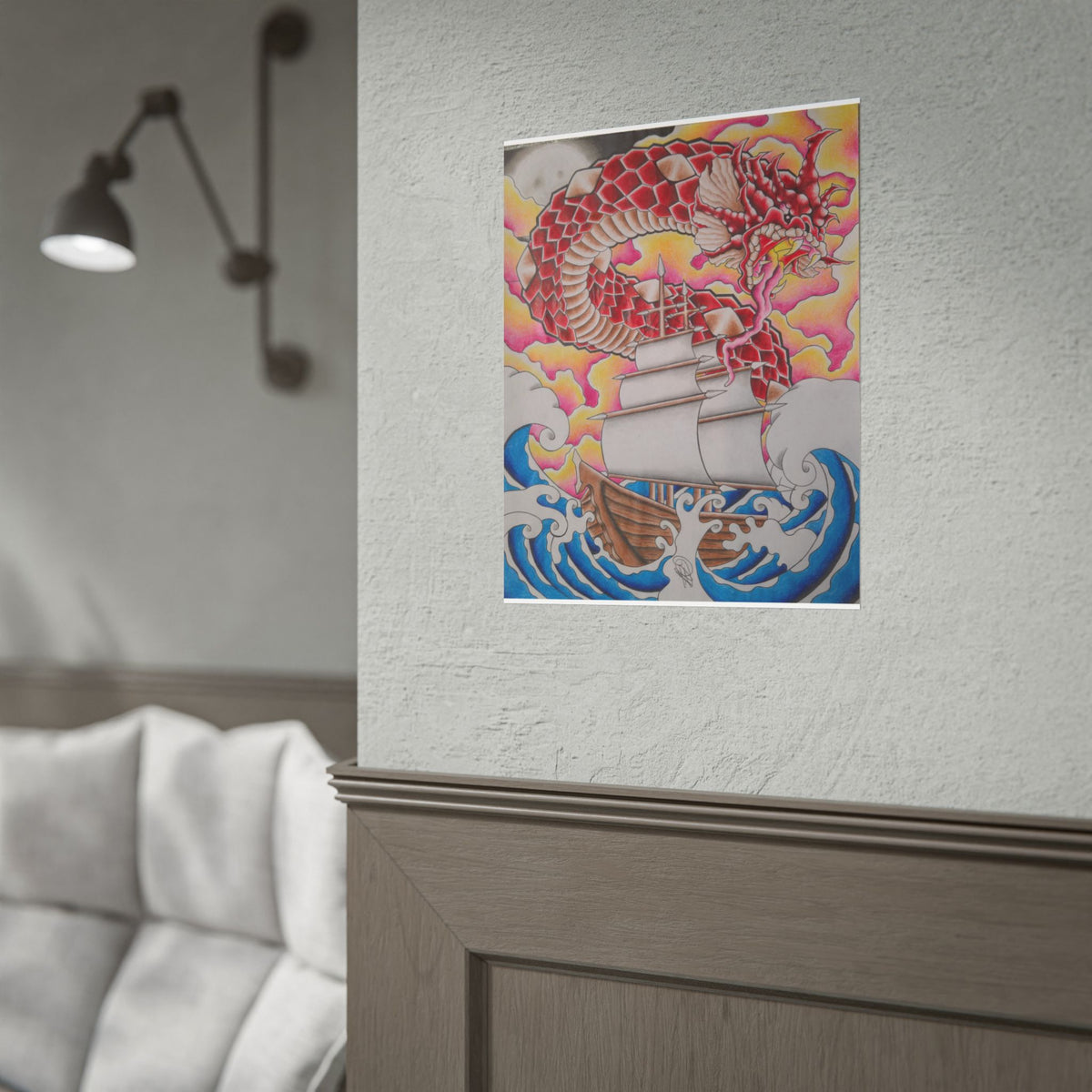 Sail and Dragon Art Poster — Nautical Tattoo-Style Rolled Print