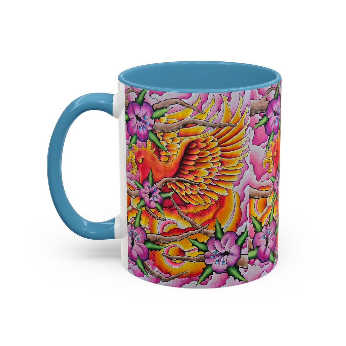 Phoenix Floral Coffee Mug — Colorful Tattoo-Style Ceramic Accent Mug