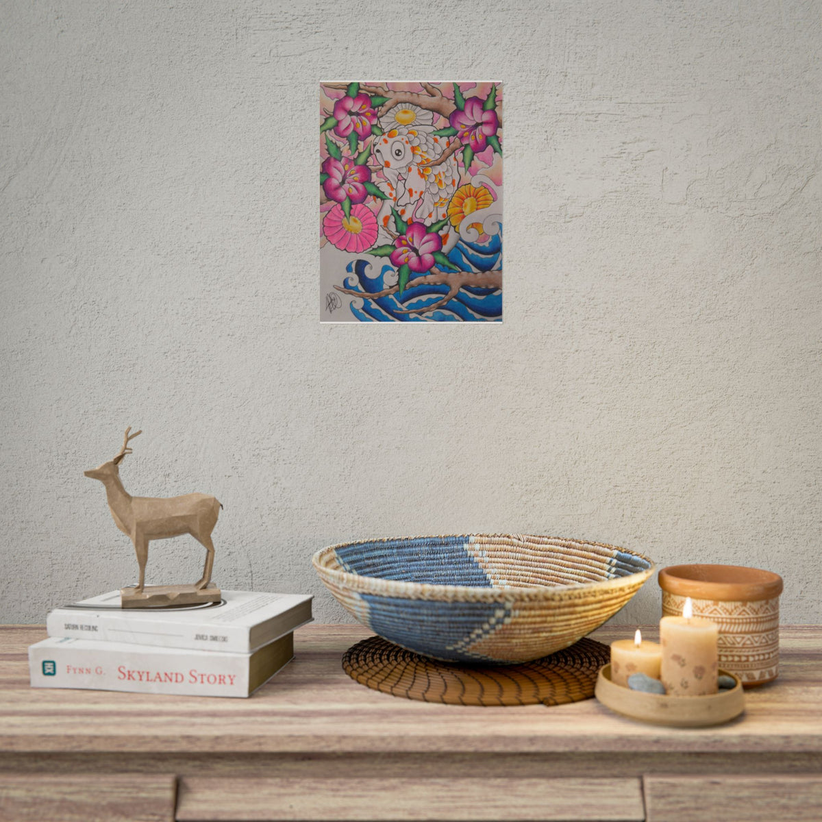 Koi & Cherry Blossom Art Poster — Japanese Tattoo Style Rolled Print