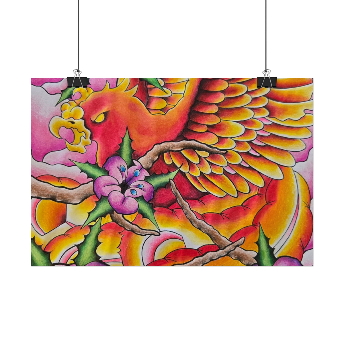 Phoenix Floral Art Poster — Vibrant Tattoo-Style Rolled Print