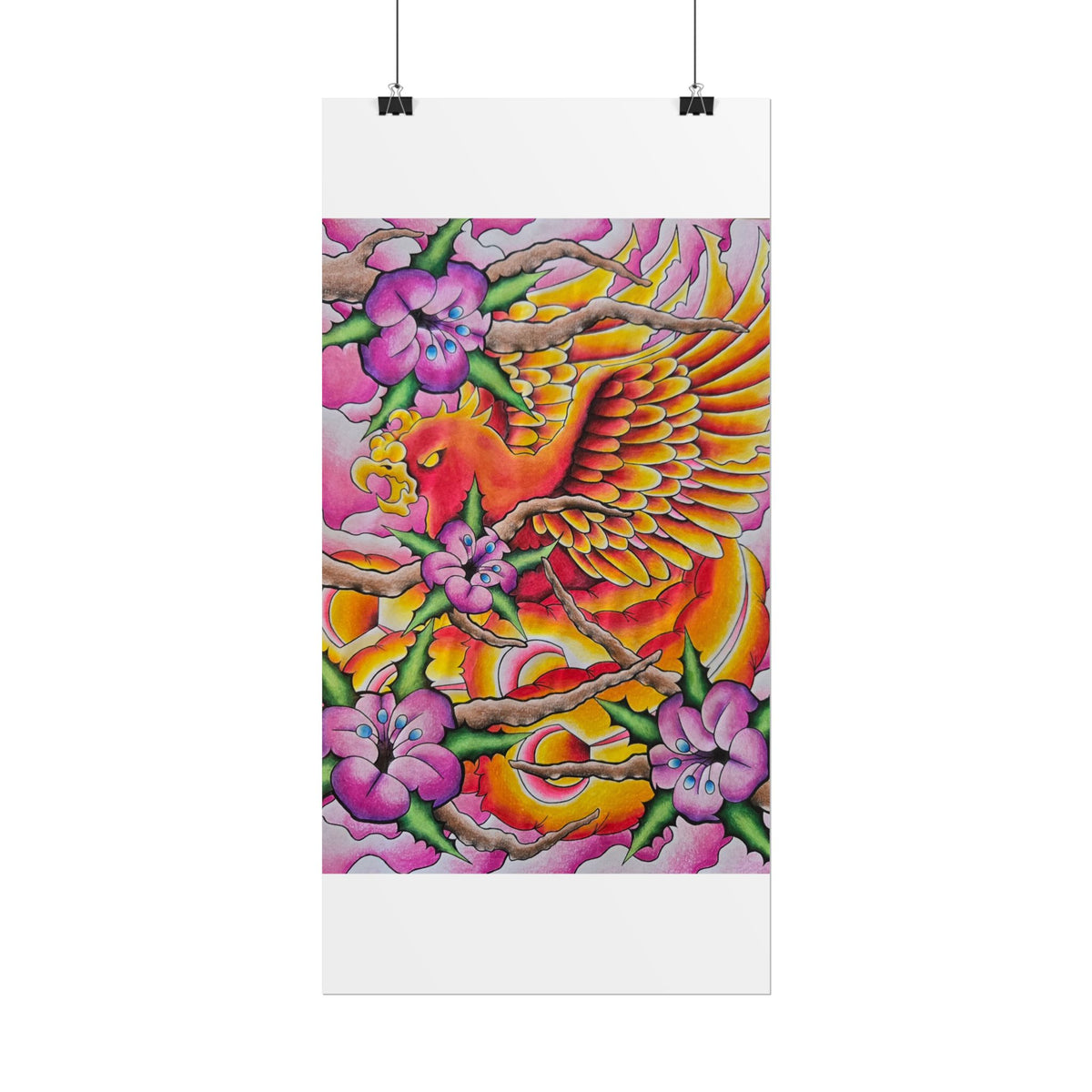 Phoenix Floral Art Poster — Vibrant Tattoo-Style Rolled Print
