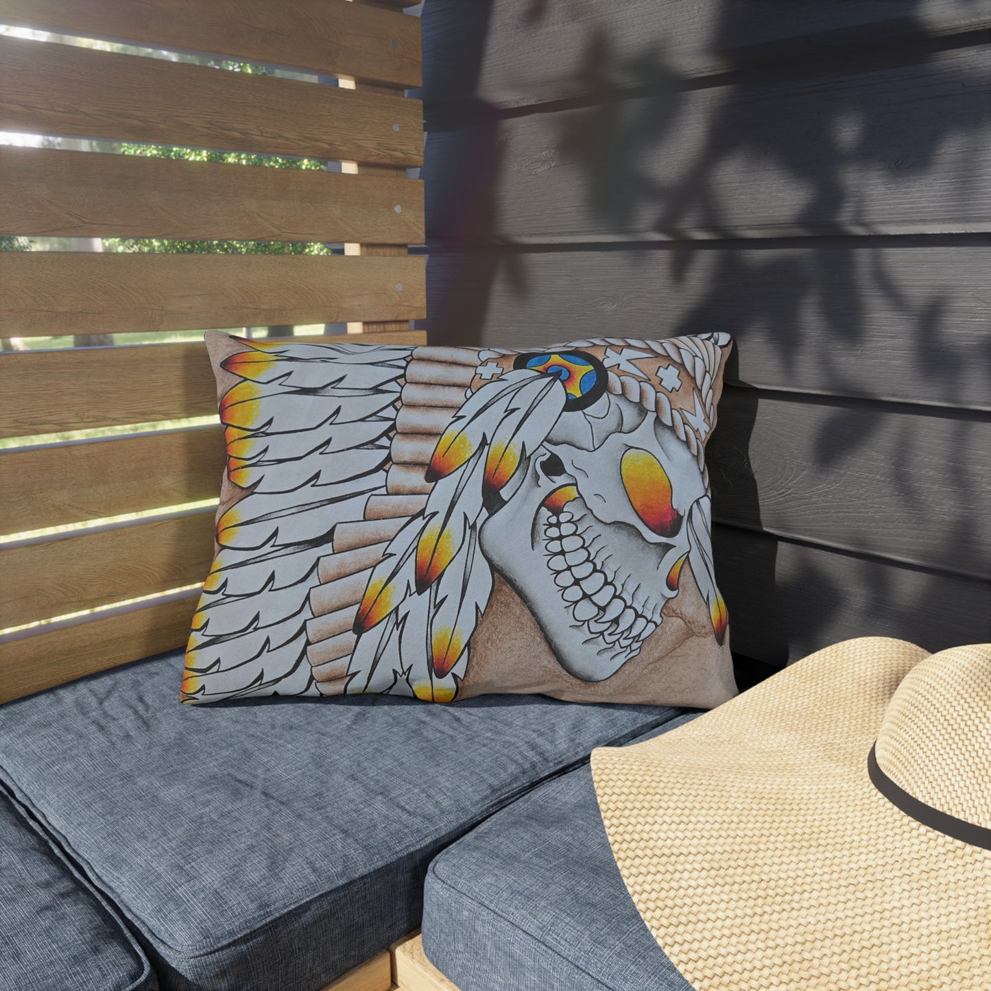 Chief Skull Outdoor Pillow — Tribal Skull Accent Cushion for Patio
