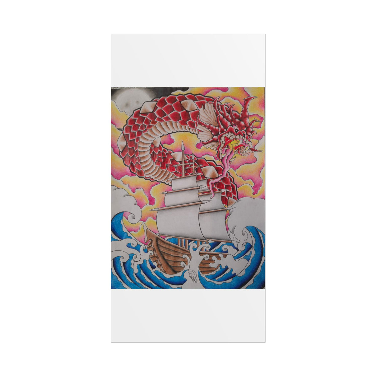 Sail and Dragon Art Poster — Nautical Tattoo-Style Rolled Print