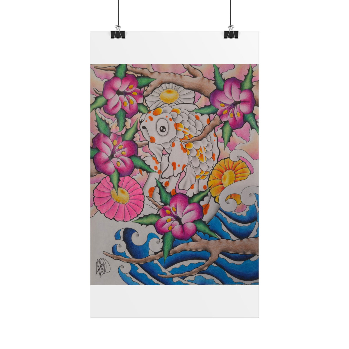 Koi & Cherry Blossom Art Poster — Japanese Tattoo Style Rolled Print