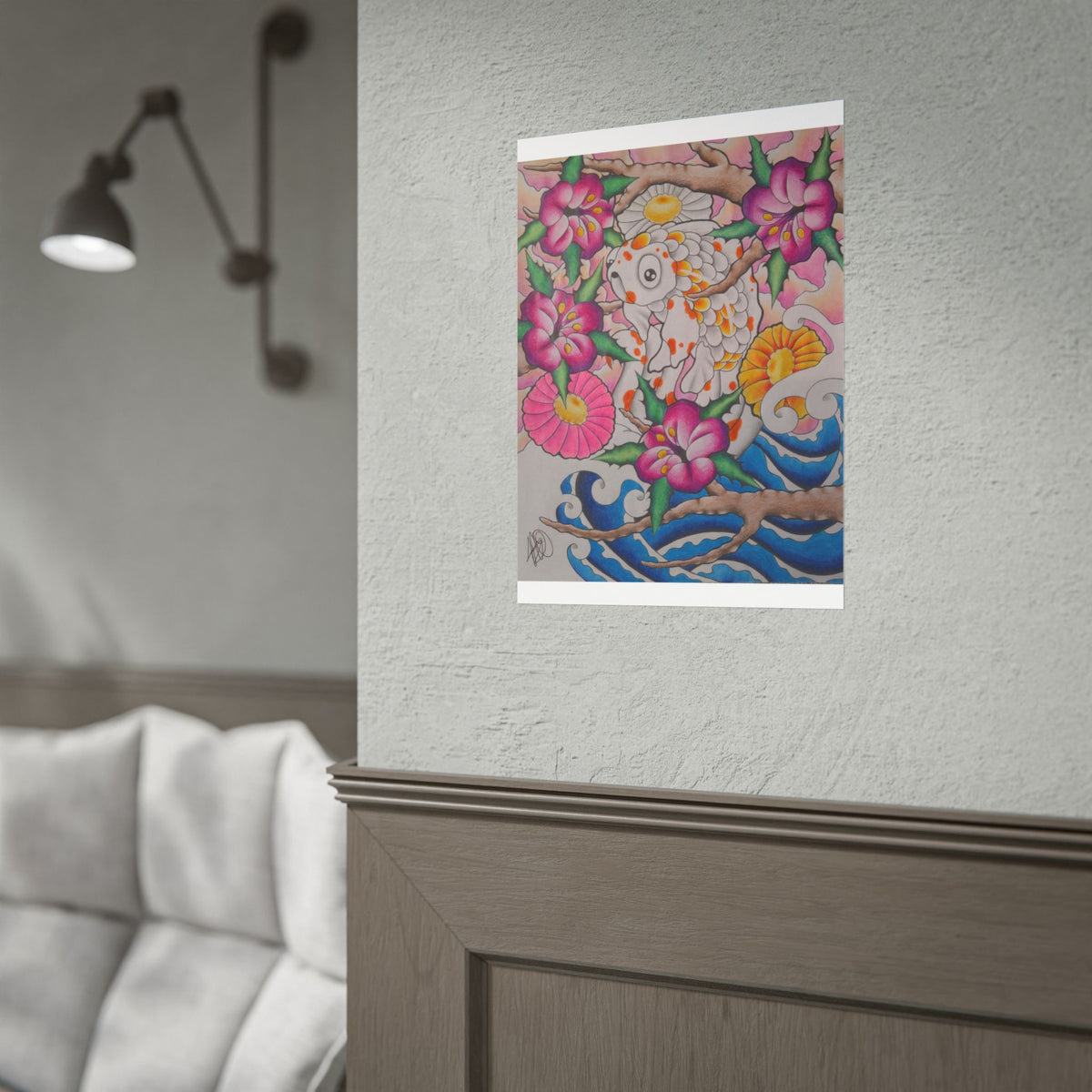 Koi & Cherry Blossom Art Poster — Japanese Tattoo Style Rolled Print