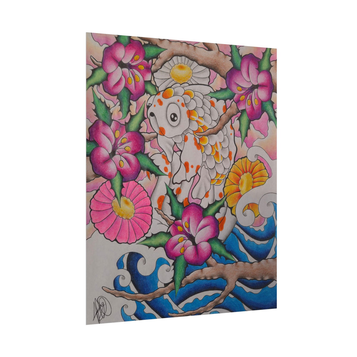 Koi & Cherry Blossom Art Poster — Japanese Tattoo Style Rolled Print
