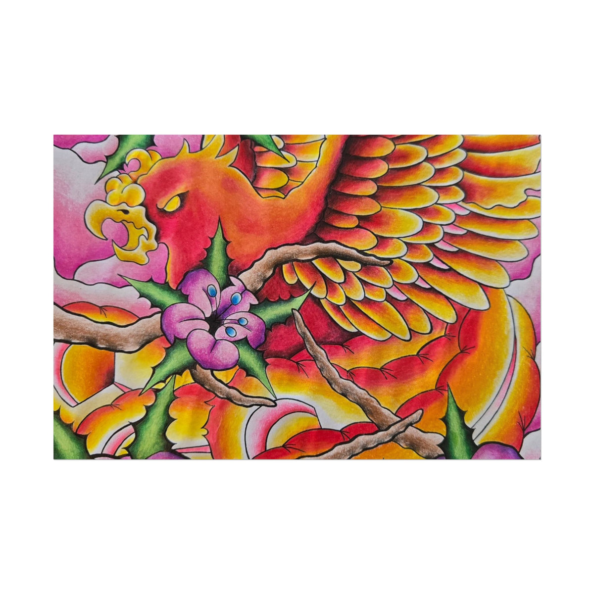 Phoenix Floral Art Poster — Vibrant Tattoo-Style Rolled Print