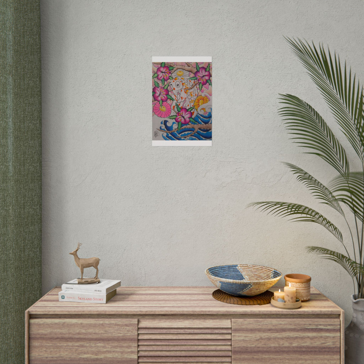 Koi & Cherry Blossom Art Poster — Japanese Tattoo Style Rolled Print