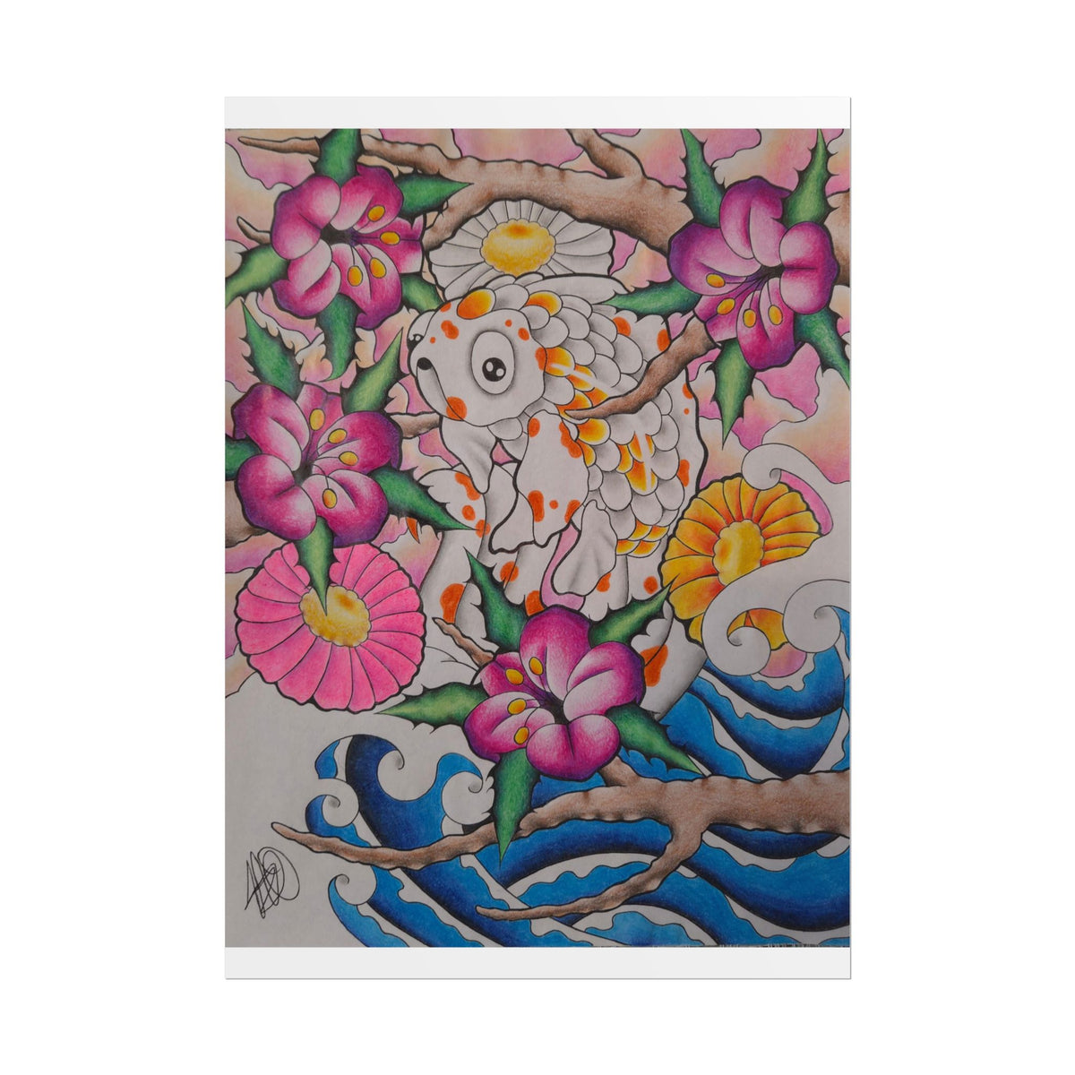Koi & Cherry Blossom Art Poster — Japanese Tattoo Style Rolled Print