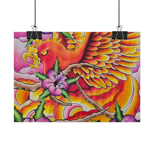 Phoenix Floral Art Poster — Vibrant Tattoo-Style Rolled Print