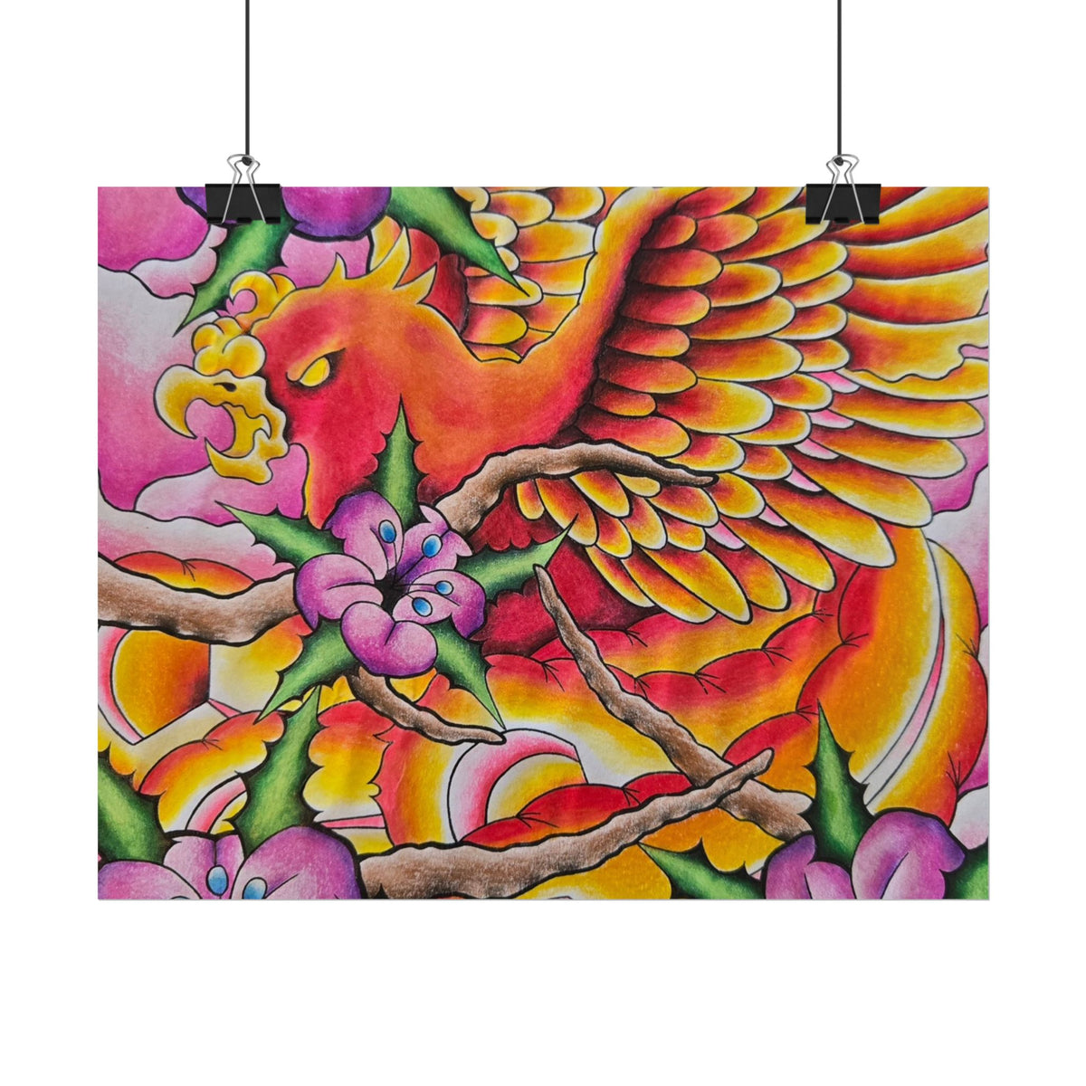 Phoenix Floral Art Poster — Vibrant Tattoo-Style Rolled Print