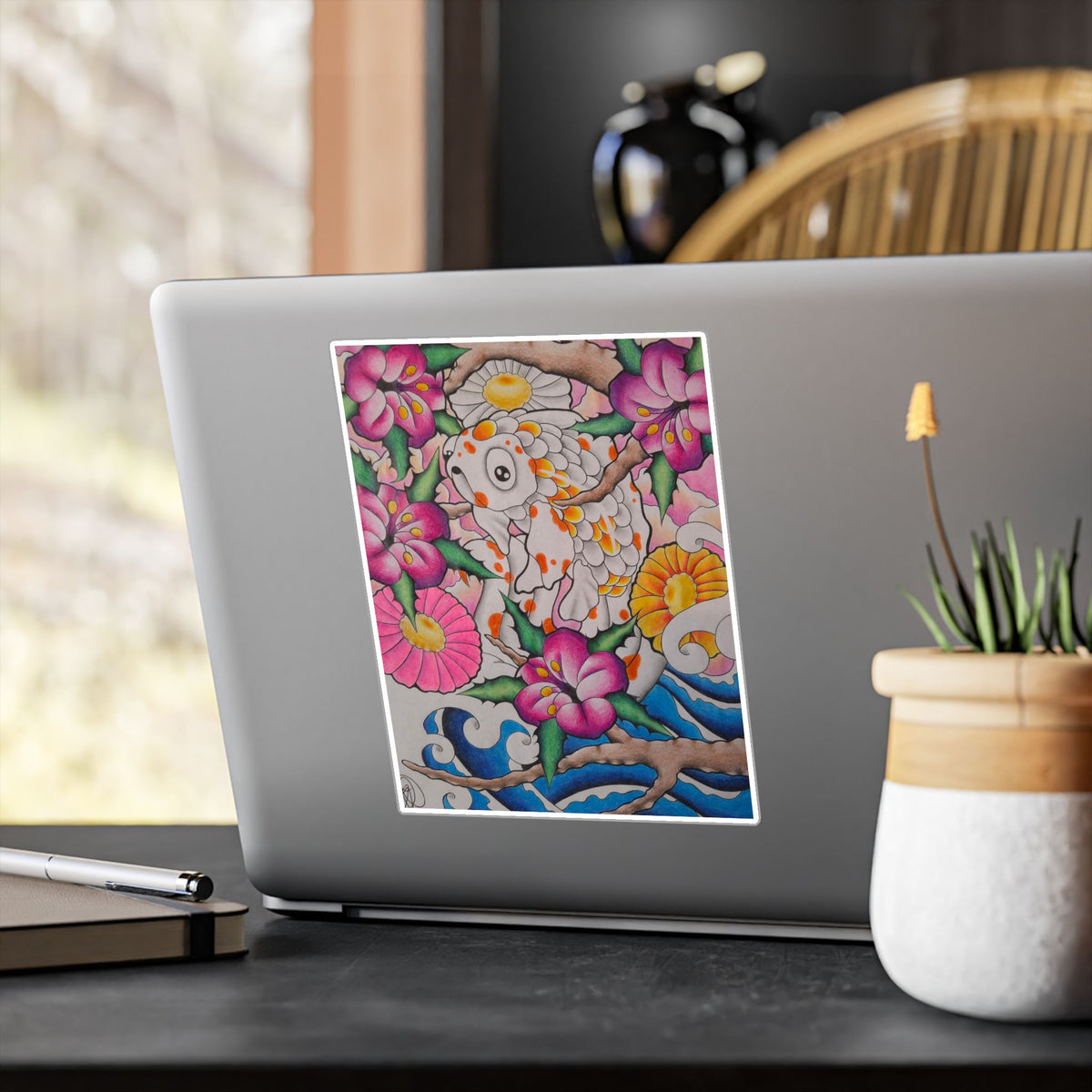 Koi & Cherry Blossom Vinyl Sticker — Kiss-Cut Decorative Decal