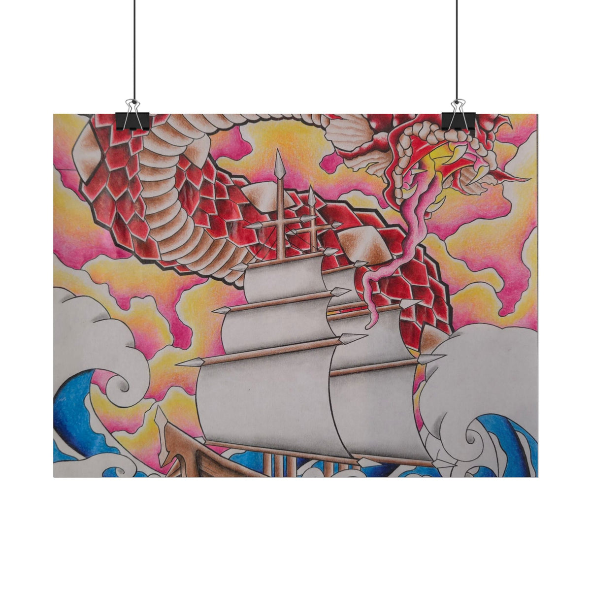 Sail and Dragon Art Poster — Nautical Tattoo-Style Rolled Print