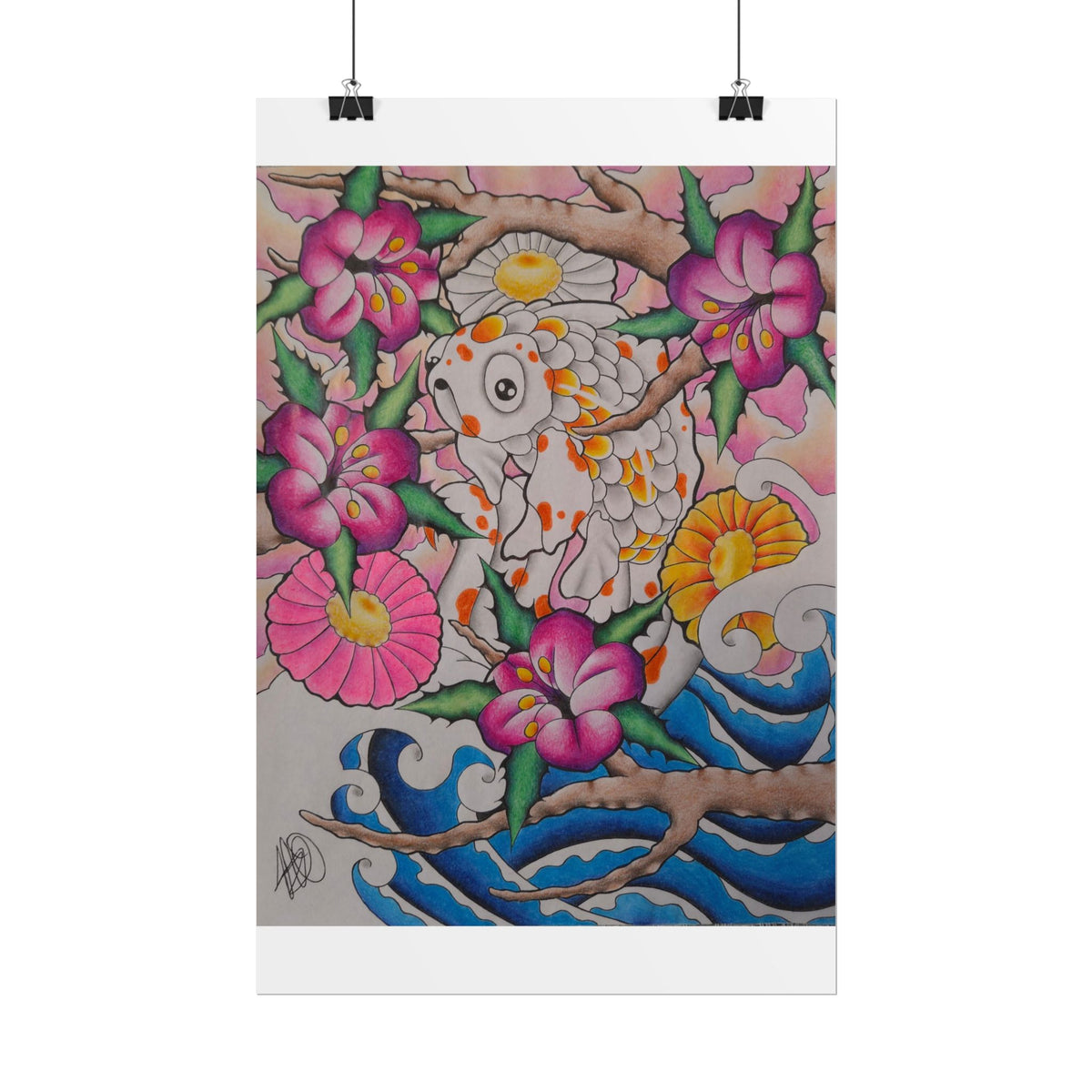 Koi & Cherry Blossom Art Poster — Japanese Tattoo Style Rolled Print