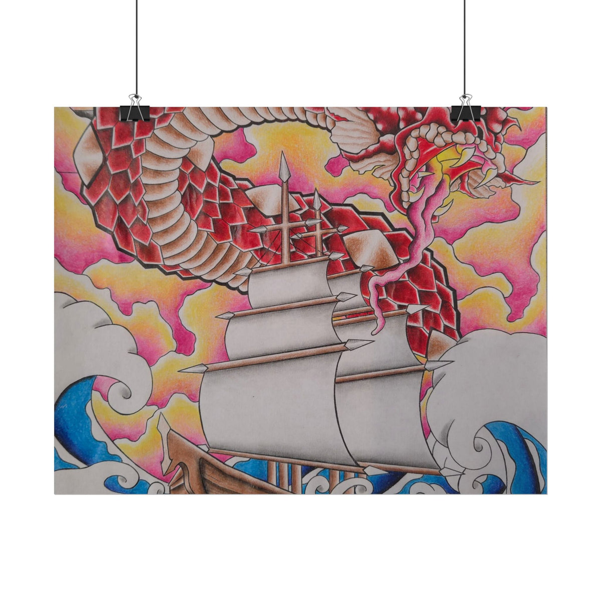 Sail and Dragon Art Poster — Nautical Tattoo-Style Rolled Print