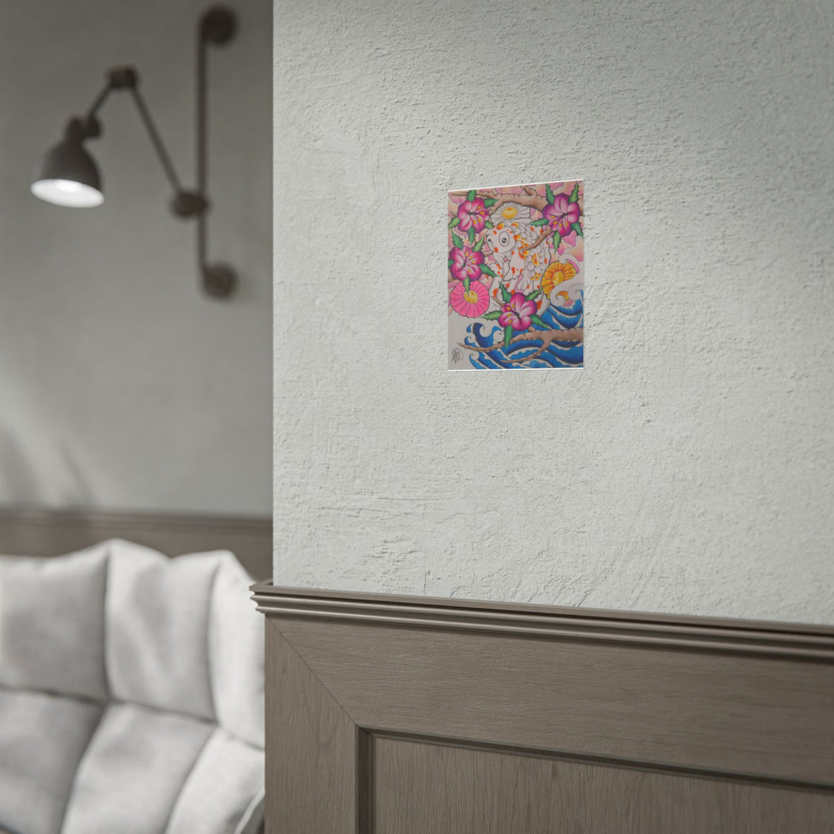 Koi & Cherry Blossom Art Poster — Japanese Tattoo Style Rolled Print