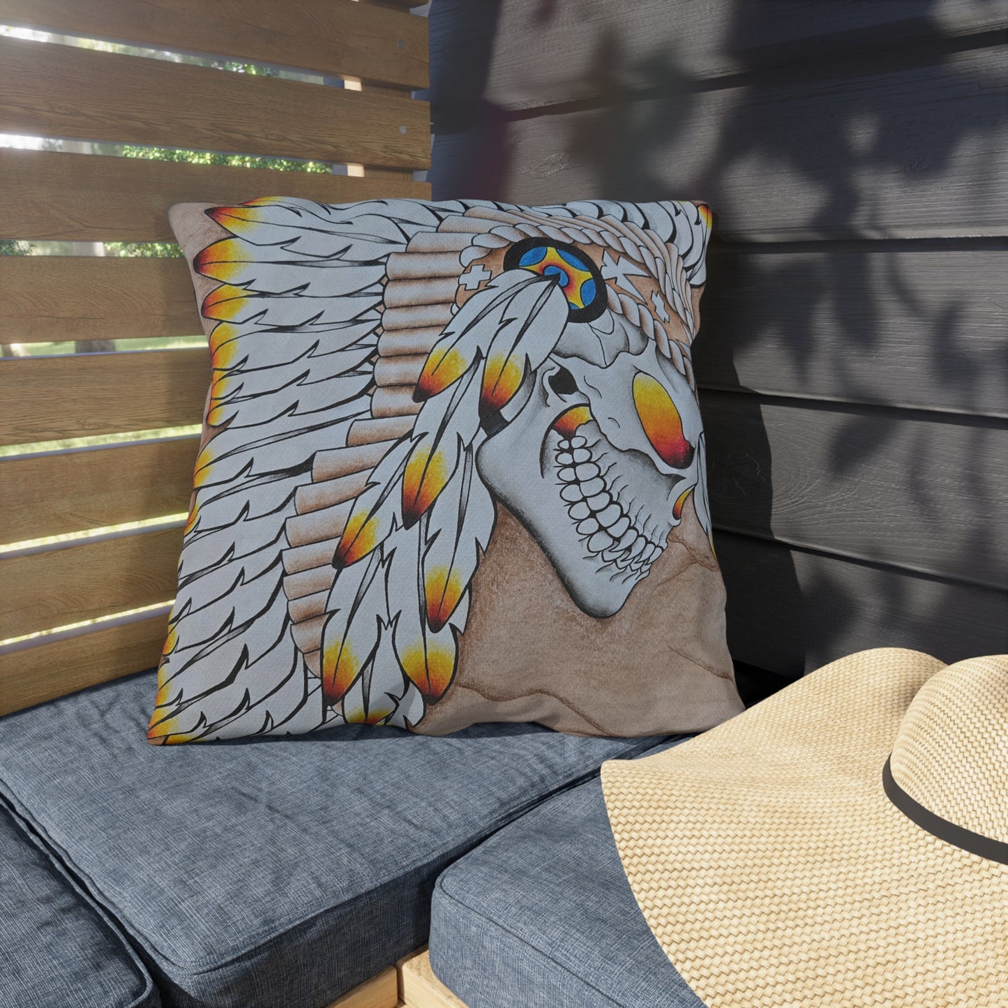 Chief Skull Outdoor Pillow — Tribal Skull Accent Cushion for Patio