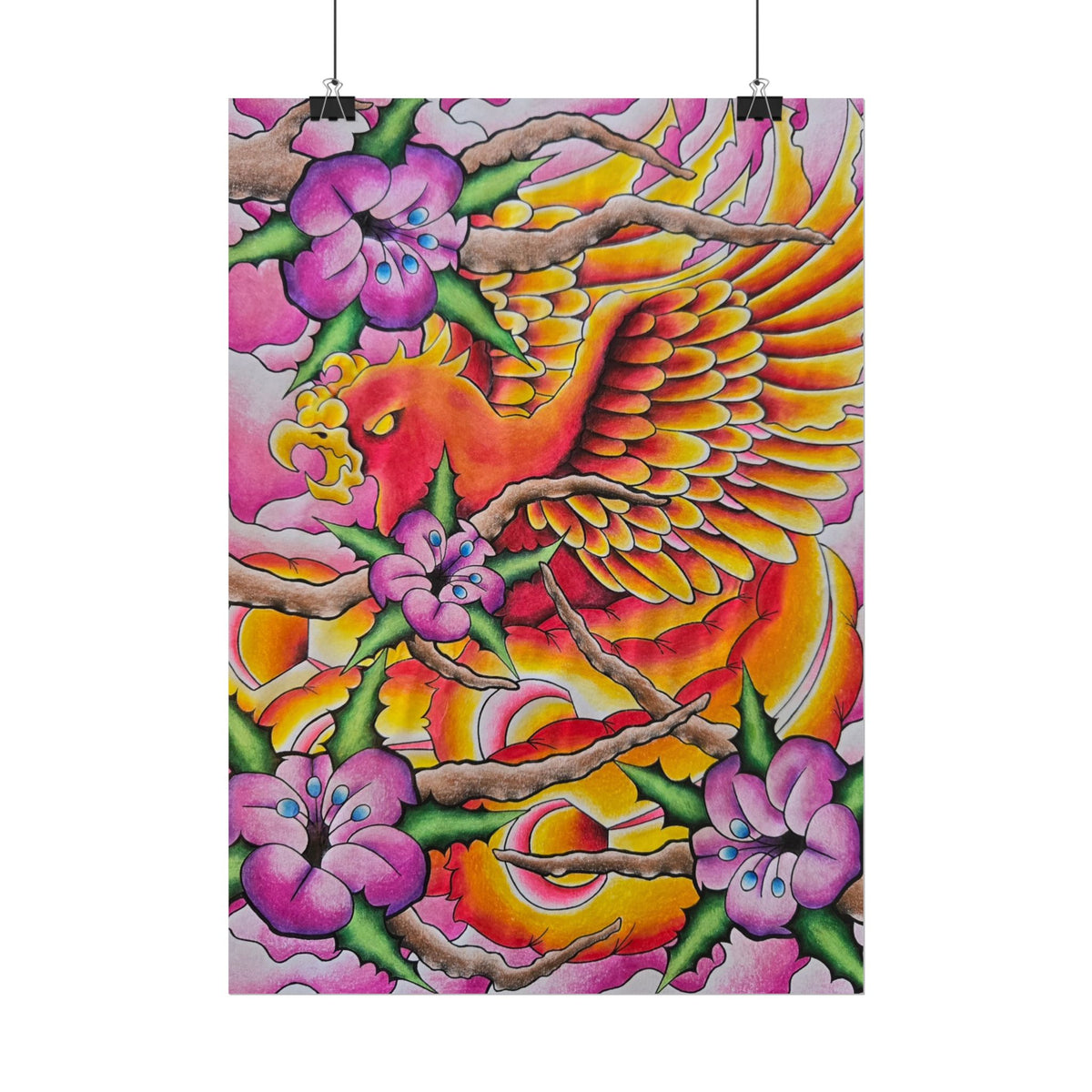 Phoenix Floral Art Poster — Vibrant Tattoo-Style Rolled Print