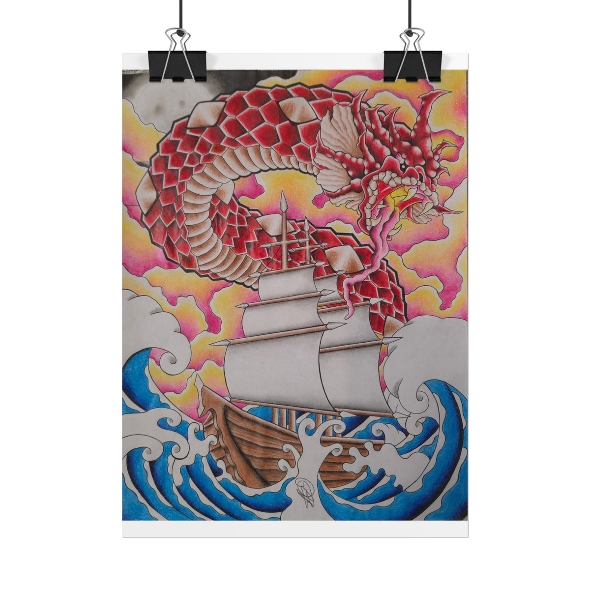 Sail and Dragon Art Poster — Nautical Tattoo-Style Rolled Print