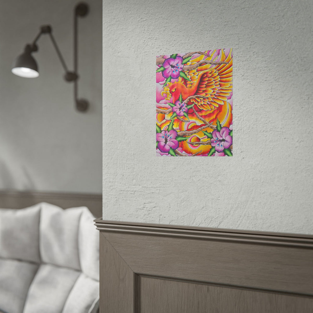 Phoenix Floral Art Poster — Vibrant Tattoo-Style Rolled Print