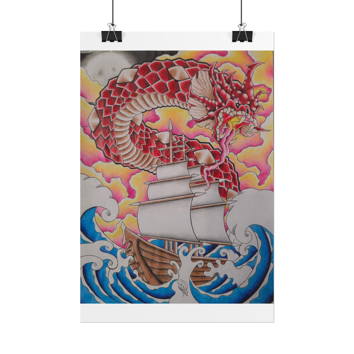 Sail and Dragon Art Poster — Nautical Tattoo-Style Rolled Print