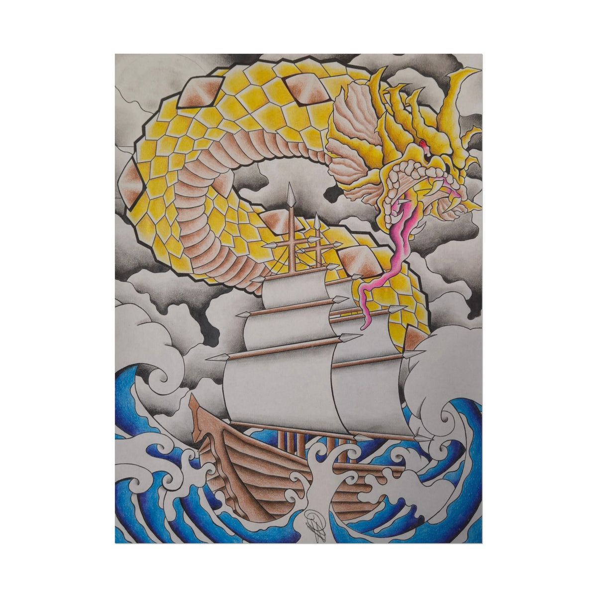 Sailboat & Golden Dragon Poster — Nautical Tattoo Art Rolled Print