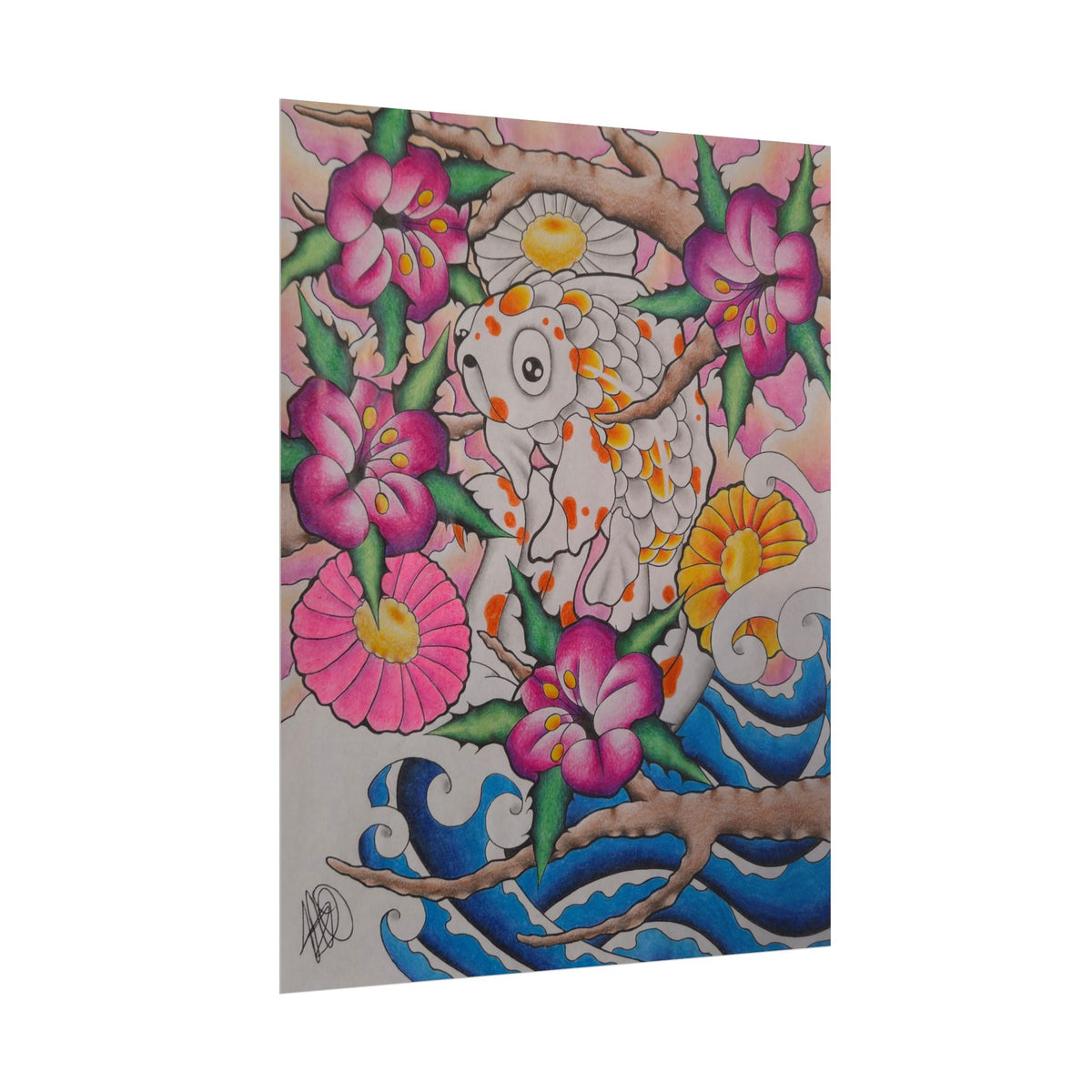 Koi & Cherry Blossom Art Poster — Japanese Tattoo Style Rolled Print