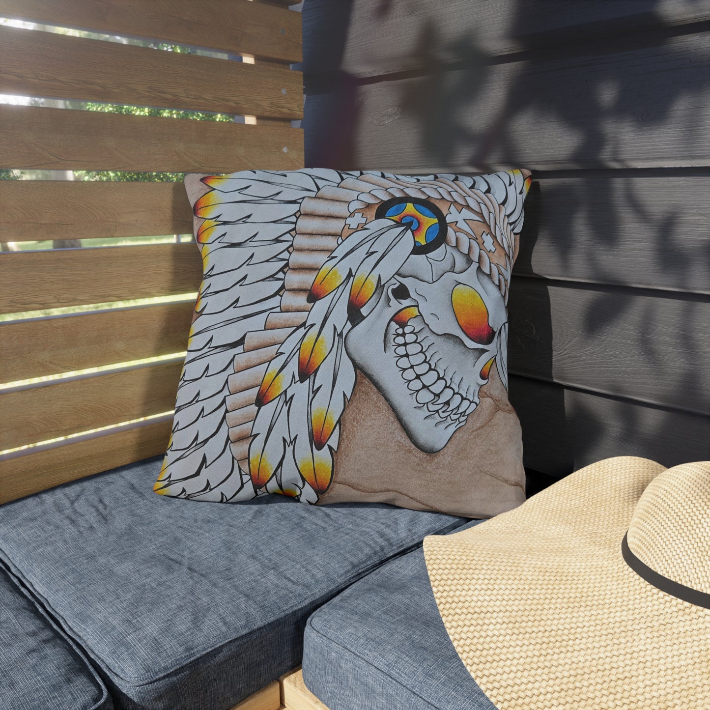 Chief Skull Outdoor Pillow — Tribal Skull Accent Cushion for Patio