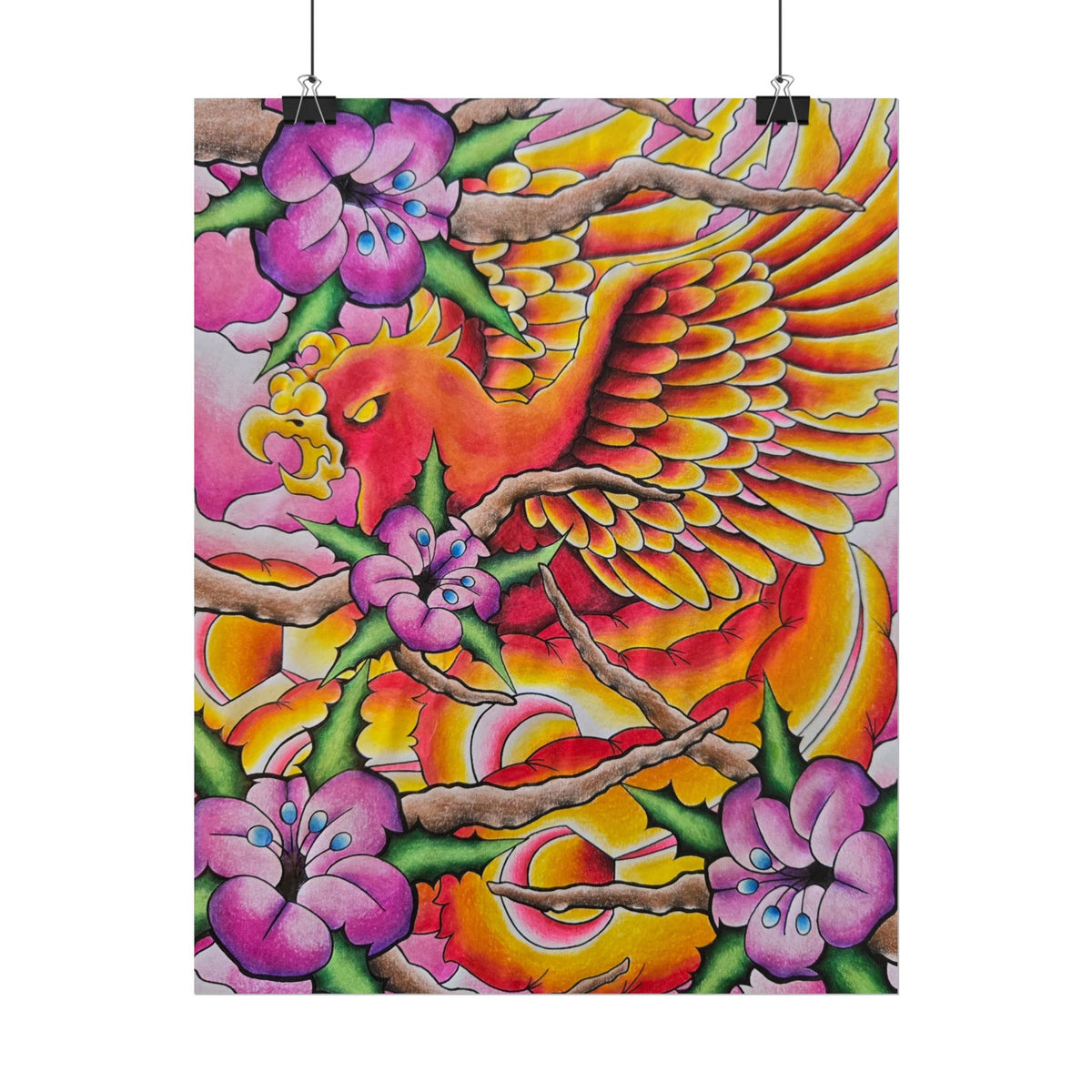 Phoenix Floral Art Poster — Vibrant Tattoo-Style Rolled Print