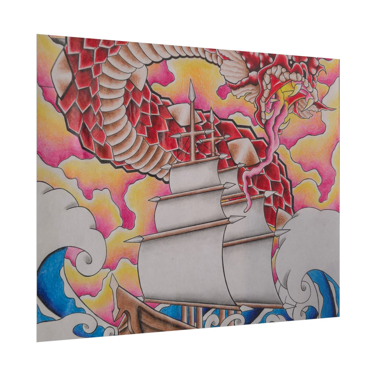 Sail and Dragon Art Poster — Nautical Tattoo-Style Rolled Print