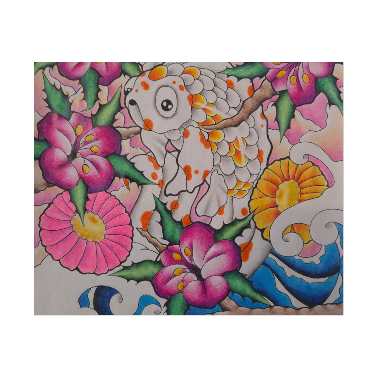 Koi & Cherry Blossom Art Poster — Japanese Tattoo Style Rolled Print