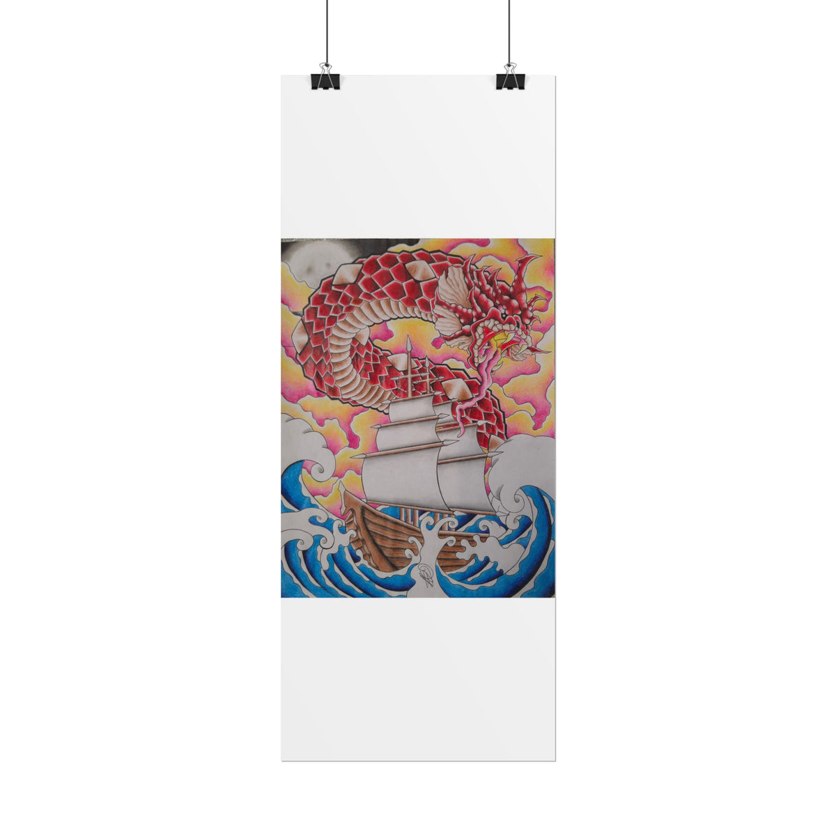 Sail and Dragon Art Poster — Nautical Tattoo-Style Rolled Print