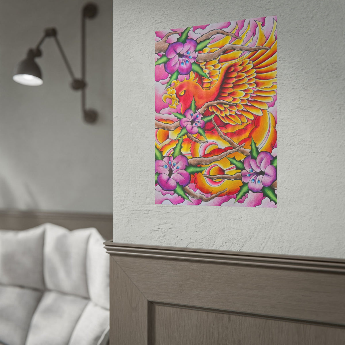 Phoenix Floral Art Poster — Vibrant Tattoo-Style Rolled Print