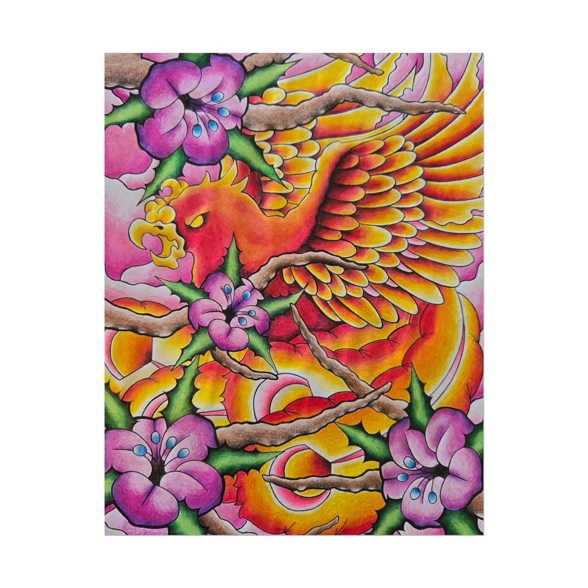Phoenix Floral Art Poster — Vibrant Tattoo-Style Rolled Print