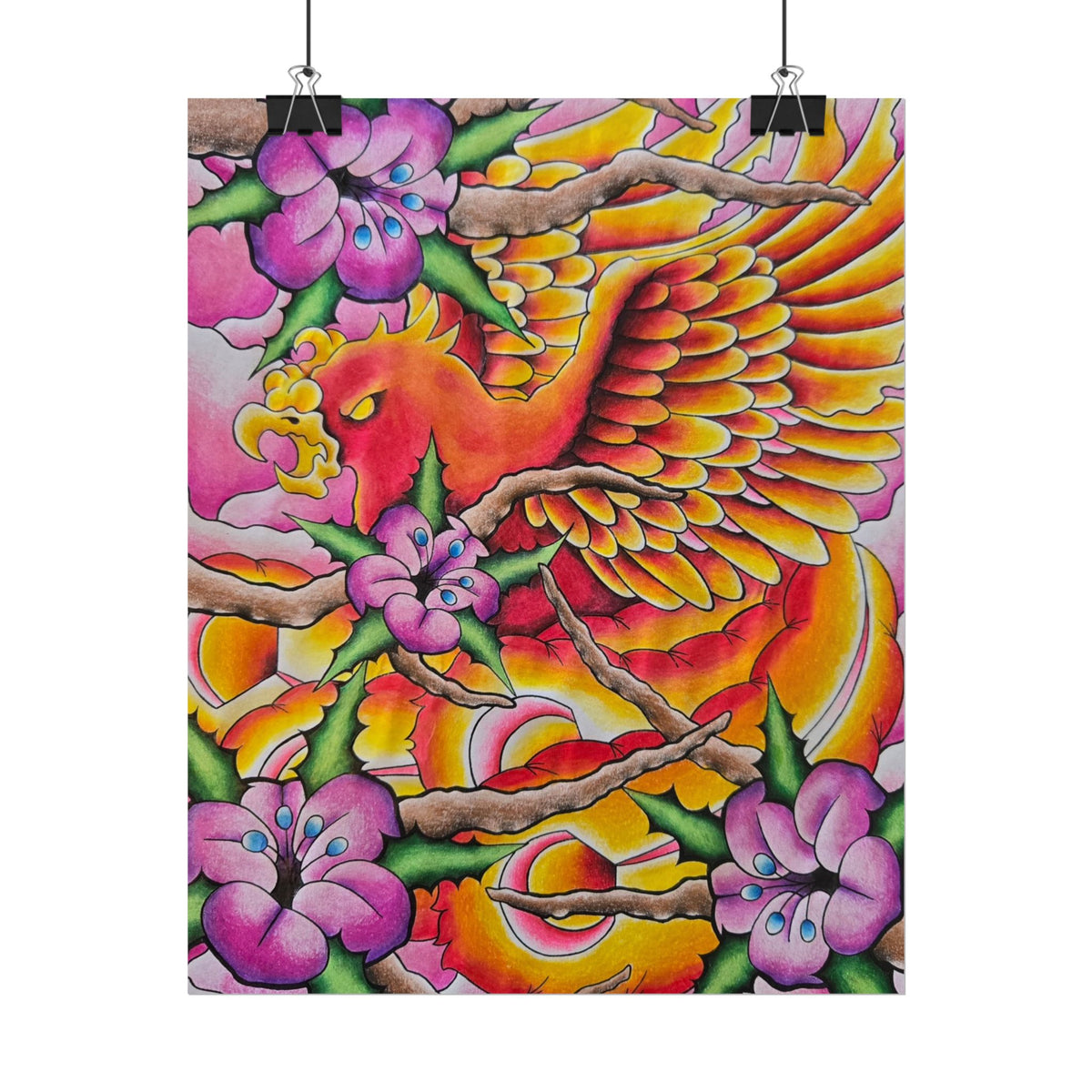 Phoenix Floral Art Poster — Vibrant Tattoo-Style Rolled Print
