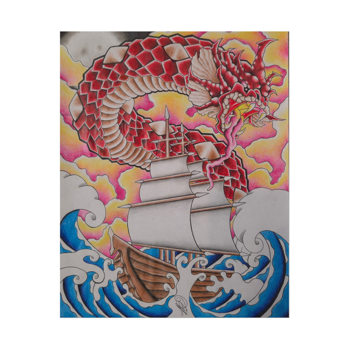Sail and Dragon Art Poster — Nautical Tattoo-Style Rolled Print