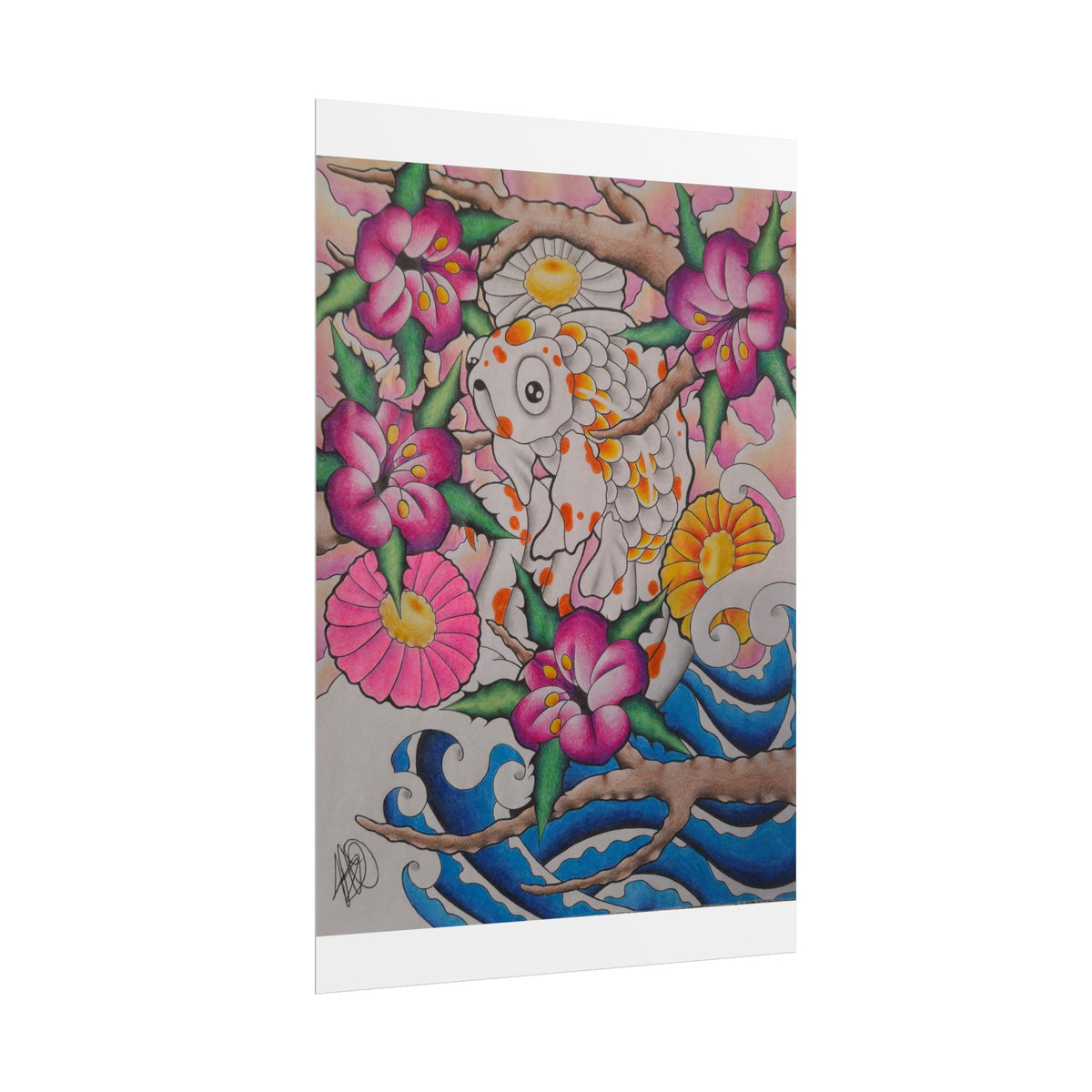 Koi & Cherry Blossom Art Poster — Japanese Tattoo Style Rolled Print