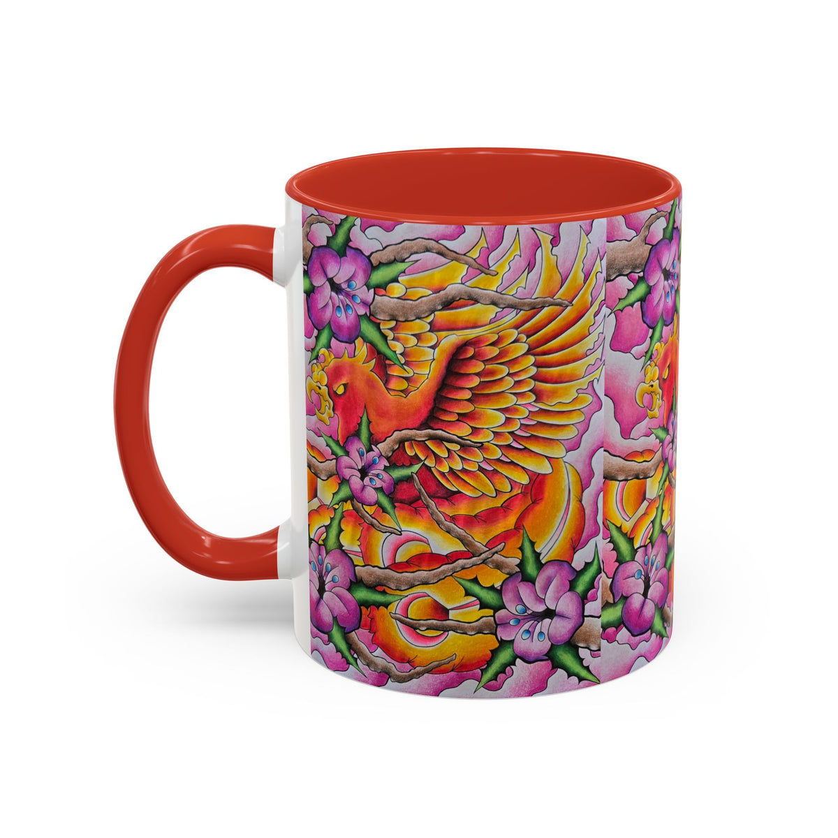 Phoenix Floral Coffee Mug — Colorful Tattoo-Style Ceramic Accent Mug