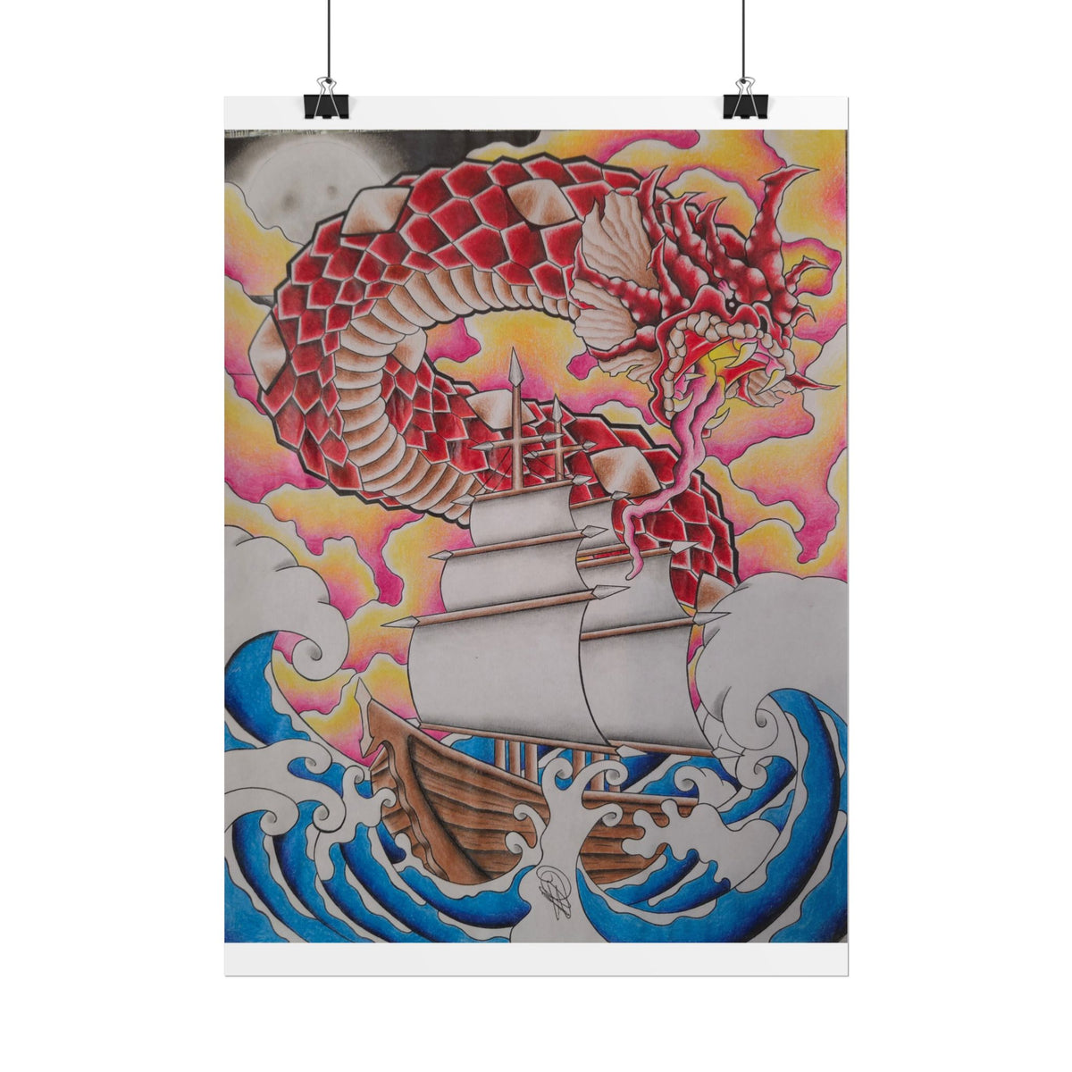 Sail and Dragon Art Poster — Nautical Tattoo-Style Rolled Print