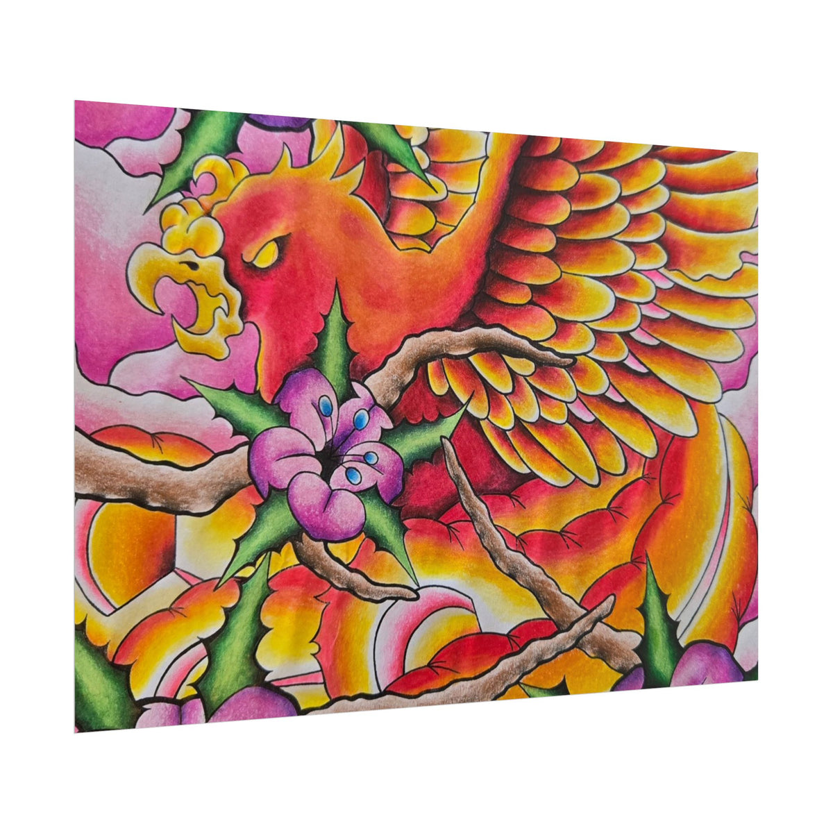 Phoenix Floral Art Poster — Vibrant Tattoo-Style Rolled Print