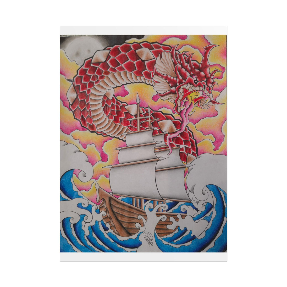 Sail and Dragon Art Poster — Nautical Tattoo-Style Rolled Print