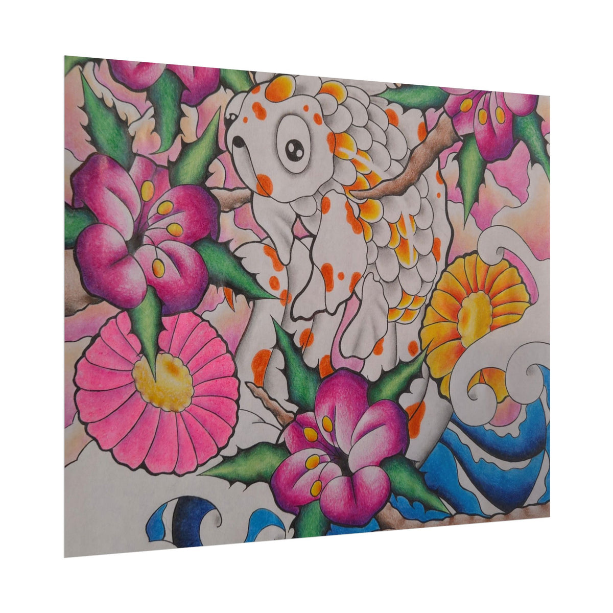 Koi & Cherry Blossom Art Poster — Japanese Tattoo Style Rolled Print
