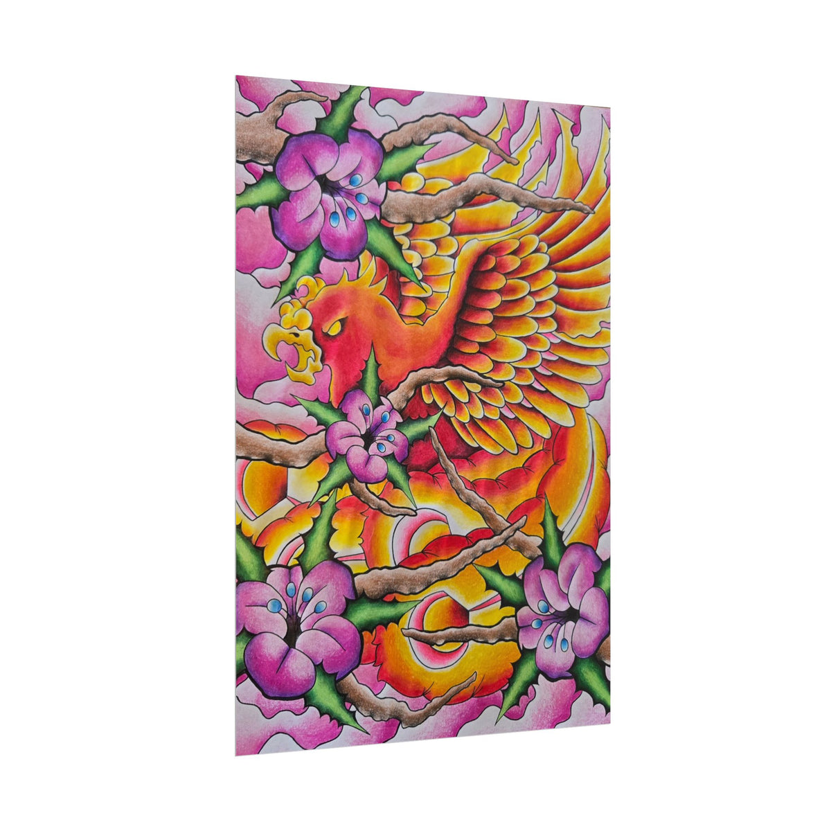 Phoenix Floral Art Poster — Vibrant Tattoo-Style Rolled Print