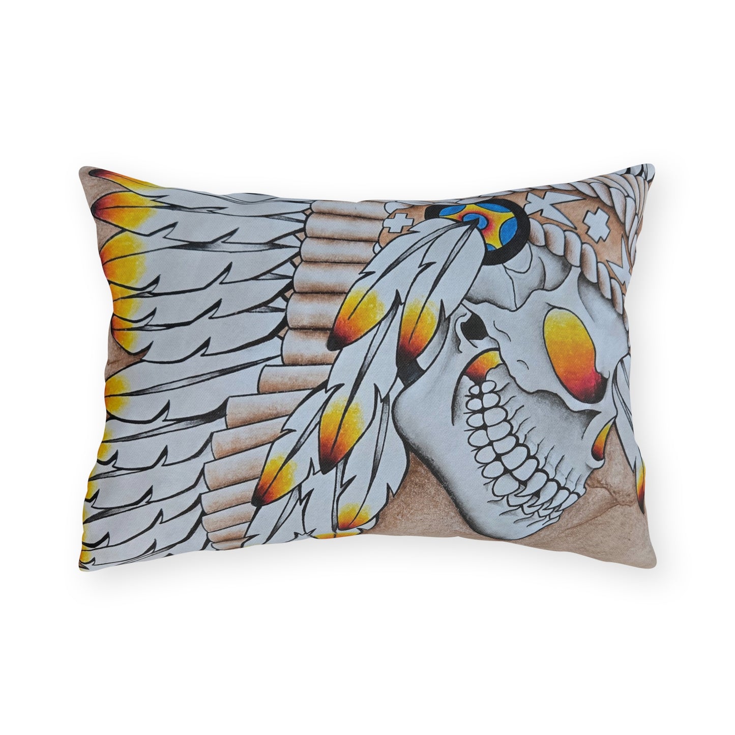 Chief Skull Outdoor Pillow — Tribal Skull Accent Cushion for Patio